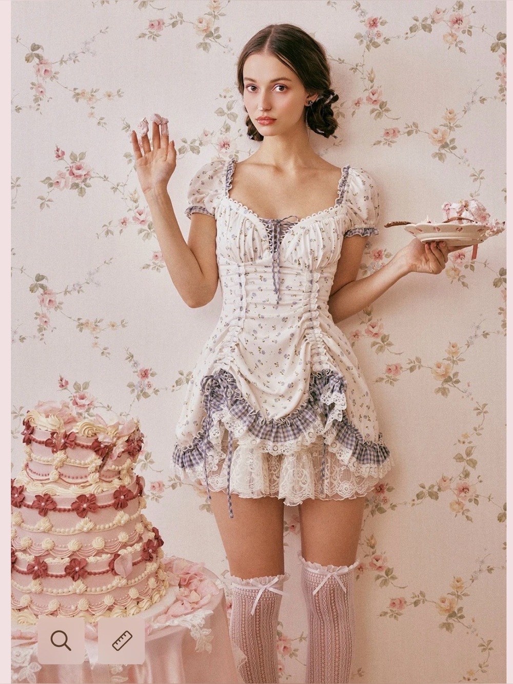 Vintage-Inspired Cream Floral Lace Mini Dress with Blue Trim 1XL